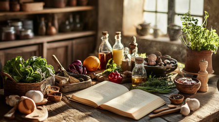 A table set for a cooking session, with various fresh ingredients, utensils, and a recipe book ready for preparing a delicious meal.の素材