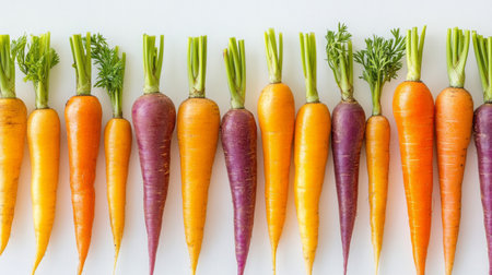 A vibrant display of multicolored carrots (orange, purple, yellow) placed together on a clean white background, showcasing variety and color.の素材