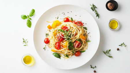 A top-down view of spaghetti primavera with colorful vegetables, fresh herbs, and olive oil, arranged on a white plate against a clean white background.の素材
