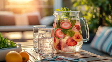 A stylish glass pitcher with matching glasses, filled with infused water and garnished with slices of fruit, set on a bright, sunny patio table.の素材