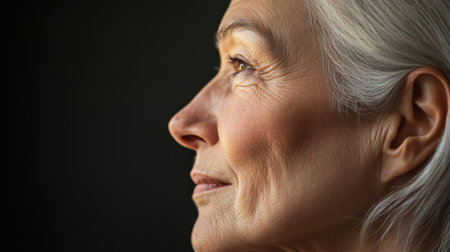 A side profile of a 50-year-old woman face, showcasing her smooth skin and graceful aging, with gentle lighting emphasizing her natural features.の素材