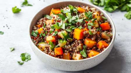 A vibrant, healthy grain bowl featuring a mix of cooked quinoa, lentils, and vegetables, garnished with fresh herbs and set against a clean backdrop.の素材