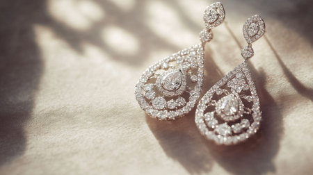 A sophisticated pair of diamond drop earrings with intricate detailing, displayed on a soft, neutral background to highlight their elegance.の素材