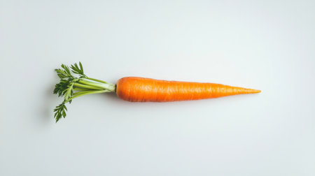 A single carrot with its green leaves intact, placed on a clean white surface, emphasizing the bright orange color and natural shape.の素材