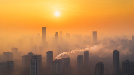 A smog-filled city skyline with thick air pollution and haze, showing the consequences of global warming and industrial emissions.の素材