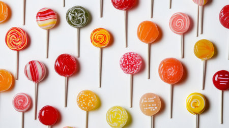 A vibrant array of colorful lollipops arranged in a whimsical pattern on a white background, showcasing a variety of shapes and flavorsの素材