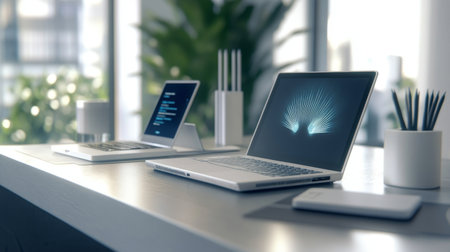 A wireless router placed on a desk, with devices like smartphones and laptops connected to it, showcasing the network's reach and efficiency.の素材