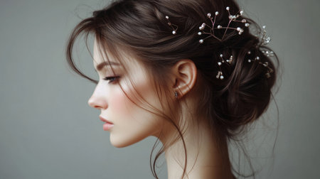 A woman with a luxurious updo, adorned with delicate hairpins, highlighting her elegant hairstyle and sophisticated look.の素材
