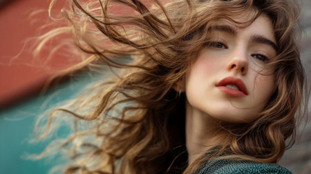 A woman with a playful, textured hairstyle, including tousled waves and volume, captured in a lively, energetic setting.の素材