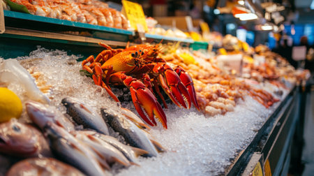 A vibrant seafood market stall with a variety of fresh fish, crabs, lobsters, and shellfish displayed on ice, ready for purchase.の素材