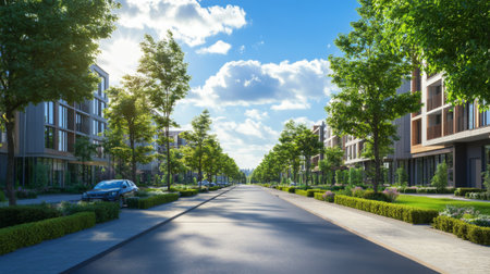 A wide, modern boulevard with beautifully landscaped medians, contemporary buildings, and neatly trimmed greenery under a bright, sunny sky.の素材