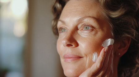 A woman in her 50s applying moisturizer to her face, focusing on her skincare routine, with a soft, well-lit background that highlights her natural skin textureの素材