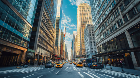 A wide-angle view of a busy city street with tall buildings on either side, capturing the energy and scale of the urban environment.の素材