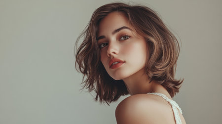 A woman with a chic, modern haircut and stylish waves, posing confidently against a clean, minimalistic background.の素材