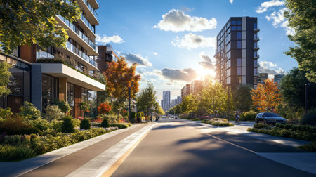 A wide, modern boulevard with beautifully landscaped medians, contemporary buildings, and neatly trimmed greenery under a bright, sunny sky.の素材