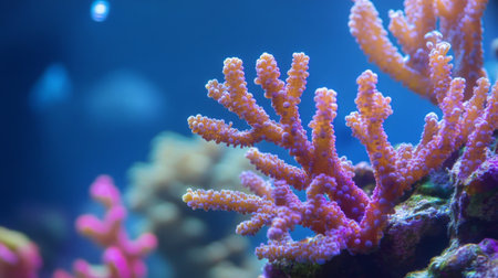 An underwater close-up of branching corals with various hues, creating a stunning visual contrast against the blue ocean backdrop.の素材