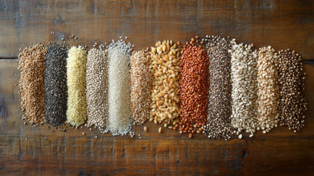 An overhead view of a variety of raw grains spread out on a wooden table, showcasing their different textures and colorsの素材