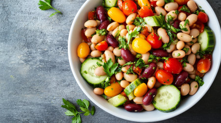 An overhead view of a fresh bean salad with mixed beans, cherry tomatoes, cucumbers, and herbs, presented in a clean, white bowl.の素材
