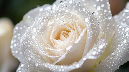 An elegant white rose covered in tiny dew drops, with the water droplets reflecting light and creating a beautiful effect.の素材