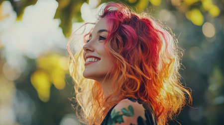 A woman with vibrant, colored hair styled in loose curls, standing in a natural outdoor setting with a breezy, carefree vibeの素材