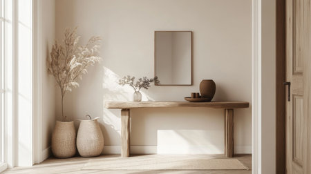 An entryway with a minimalist design, featuring a simple console table, a few decorative items, and a neutral color scheme for a welcoming lookの素材