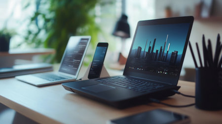 A wireless router placed on a desk, with devices like smartphones and laptops connected to it, showcasing the network's reach and efficiency.の素材