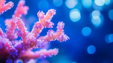 An underwater close-up of branching corals with various hues, creating a stunning visual contrast against the blue ocean backdrop.の素材