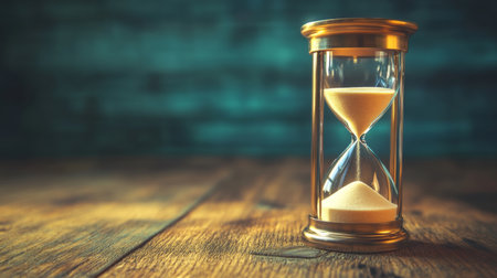 An elegant sand timer on a wooden desk with the sand halfway through, creating a sense of anticipation and time passing.の素材