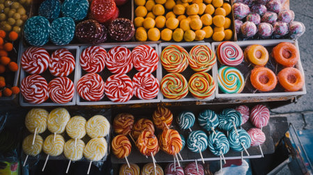 An overhead view of a table covered with various lollipops, including fruity and swirled varieties, arranged neatly for a candy display.の素材