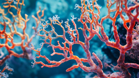 An underwater close-up of branching corals with various hues, creating a stunning visual contrast against the blue ocean backdrop.の素材