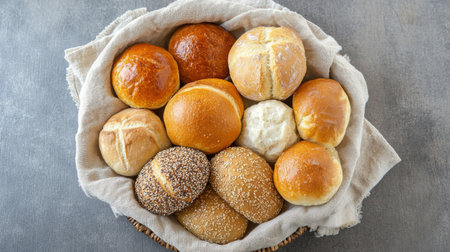 An overhead view of a bread basket filled with an assortment of rolls, including whole grain, brioche, and dinner rolls, set on a linen napkin.の素材