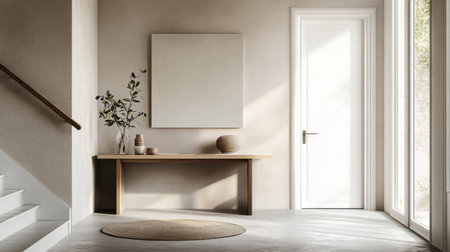 An entryway with a minimalist design, featuring a simple console table, a few decorative items, and a neutral color scheme for a welcoming lookの素材