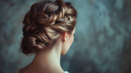 A woman with a sophisticated braid or twisted hairstyle, demonstrating an elegant and creative approach to hair fashion.の素材