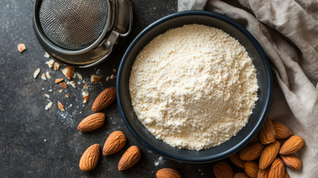 An overhead view of almond flour in a bowl with whole almonds and a small sifter, highlighting the versatility of almonds in cooking and baking.の素材