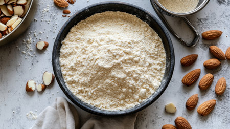 An overhead view of almond flour in a bowl with whole almonds and a small sifter, highlighting the versatility of almonds in cooking and baking.の素材