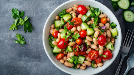 An overhead view of a fresh bean salad with mixed beans, cherry tomatoes, cucumbers, and herbs, presented in a clean, white bowl.の素材