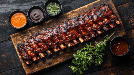 Grilled pork ribs fresh off the grill, perfectly charred with a deep smoky flavor, served on a rustic wooden board with dipping sauces and herbs.の素材