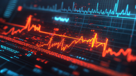 An ECG monitor showing a heart rate waveform with normal and abnormal segments highlighted, illustrating the diagnostic process in a clinical environment.の素材