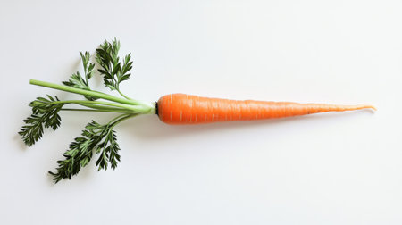 A single carrot with its green leaves intact, placed on a clean white surface, emphasizing the bright orange color and natural shape.の素材