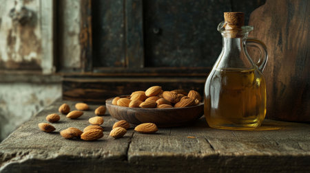 A rustic kitchen scene with almonds and almond oil displayed on a wooden countertop, showcasing the natural and wholesome qualities of the ingredients.の素材