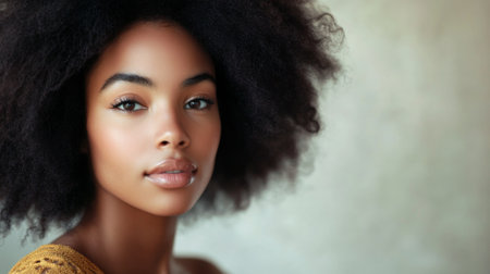 A serene portrait of a woman with flowing, natural hair, styled with soft waves and a gentle, relaxed expression.の素材