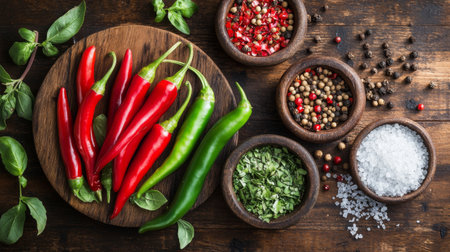 A vibrant, artistic arrangement of fresh green and red chili peppers with a selection of seasonings, including salt, pepper, and herbs, on a wooden table.の素材