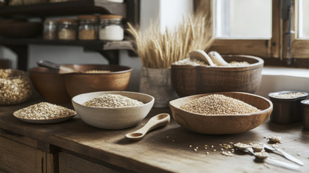 A rustic kitchen counter with bowls of different grains like oats, wheat, and rye, accompanied by measuring spoons and a wooden spoon.の素材