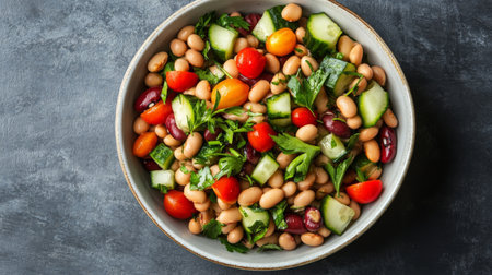 An overhead view of a fresh bean salad with mixed beans, cherry tomatoes, cucumbers, and herbs, presented in a clean, white bowl.の素材