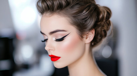 A woman with an elegant updo and glamorous makeup, including bold eyeliner and red lipstick, preparing for a special occasion.の素材
