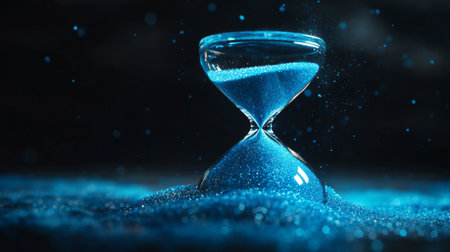 A sand timer with vibrant blue sand against a dark background, captured in motion as the sand flows smoothly through the narrow center.の素材