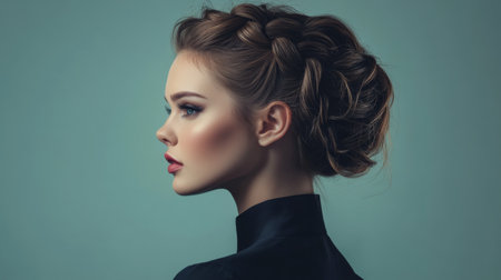 A woman with a sophisticated braid or twisted hairstyle, demonstrating an elegant and creative approach to hair fashion.の素材