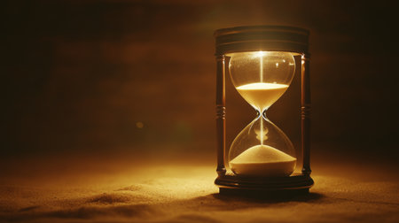 An artistic shot of a sand timer with reflective glass and fine sand, placed on a surface with soft lighting to highlight its intricate detailsの素材