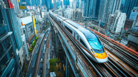 An aerial view of a high-speed train traveling on elevated tracks through a bustling cityscape, highlighting its integration into urban transit systems.の素材