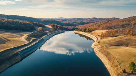 An aerial shot of a modern water reservoir dam with the reservoir's surface reflecting the sky, nestled in a valley with rolling hills.の素材